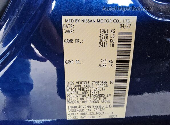 1N4BL4CV2NN369716 2022 NISSAN ALTIMA Blue 