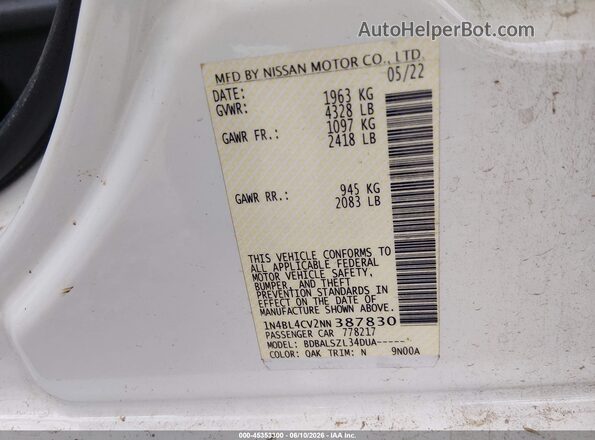 1N4BL4CV2NN387830 2022 NISSAN ALTIMA Белый Вид подкапотного пространства