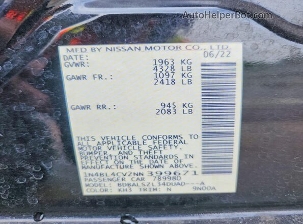 1N4BL4CV2NN399671 2022 NISSAN ALTIMA Black Շարժիչի բաժամունքի տեսք