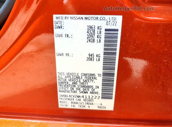 1N4BL4CV2NN411222 2022 NISSAN ALTIMA Orange 