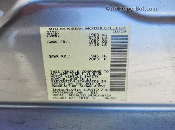 1N4BL4CV3LC180274 2020 NISSAN ALTIMA Silver Engine compartment view