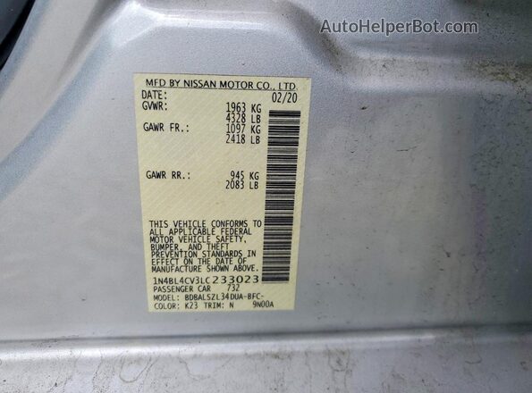 1N4BL4CV3LC233023 2020 NISSAN ALTIMA Silver ძრავის განყოფილების ხედი