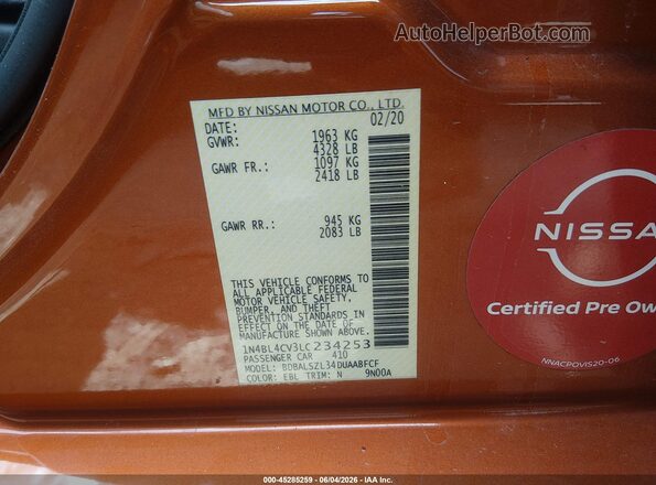 1N4BL4CV3LC234253 2020 NISSAN ALTIMA Orange Engine compartment view