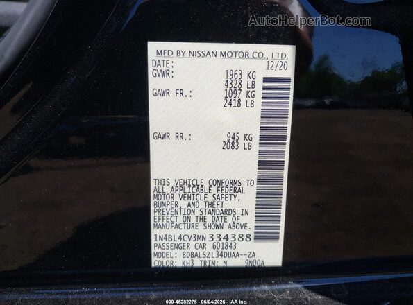 1N4BL4CV3MN334388 2021 NISSAN ALTIMA Black ძრავის განყოფილების ხედი
