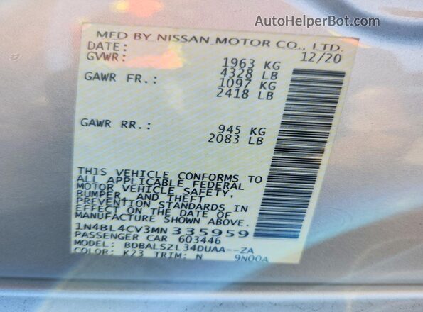 1N4BL4CV3MN335959 2021 NISSAN ALTIMA Silver VIN კოდის სტიკერის ხედი