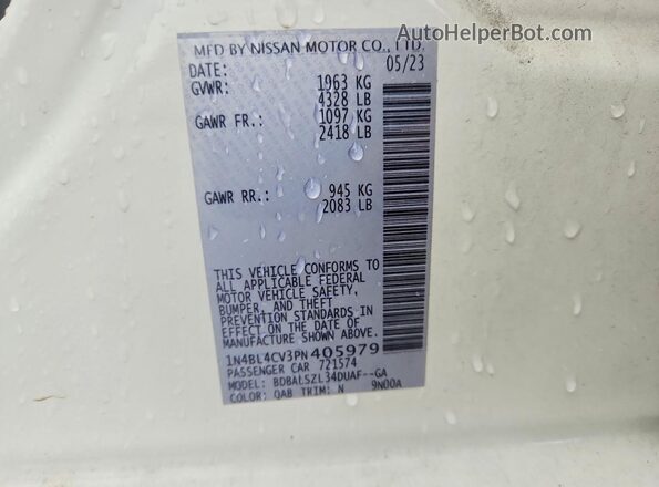 1N4BL4CV3PN405979 2023 NISSAN ALTIMA White Widok naklejki z numerem VIN