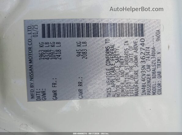 1N4BL4CV3SN362740 2025 NISSAN ALTIMA White Շարժիչի բաժամունքի տեսք