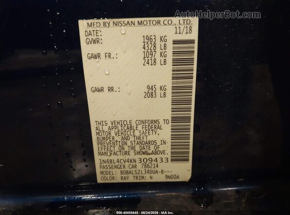 1N4BL4CV4KN309433 2019 NISSAN ALTIMA Blue ძრავის განყოფილების ხედი