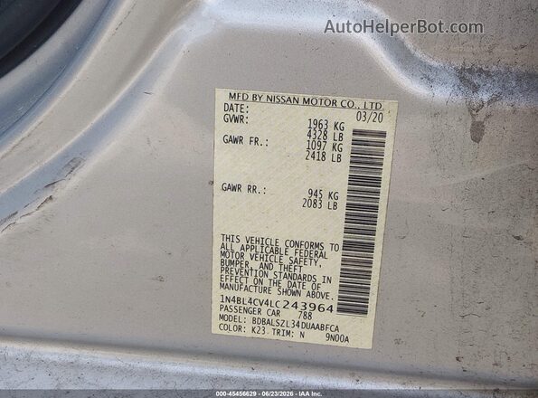 1N4BL4CV4LC243964 2020 NISSAN ALTIMA Silver Շարժիչի բաժամունքի տեսք