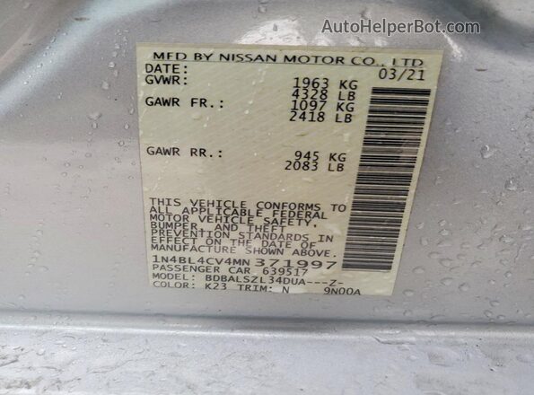 1N4BL4CV4MN371997 2021 NISSAN ALTIMA Silver ძრავის განყოფილების ხედი
