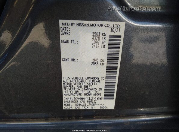 1N4BL4CV4MN412466 2021 NISSAN ALTIMA Серебряный Вид подкапотного пространства