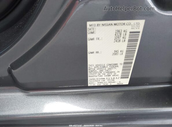1N4BL4CV4NN315432 2022 NISSAN ALTIMA Gray ძრავის განყოფილების ხედი
