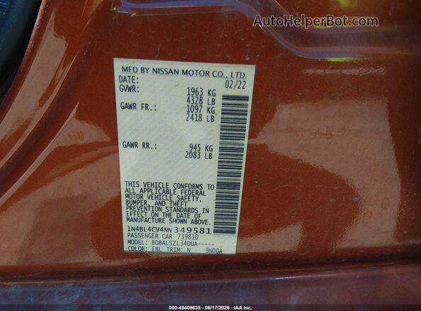 1N4BL4CV4NN349581 2022 NISSAN ALTIMA Orange ძრავის განყოფილების ხედი
