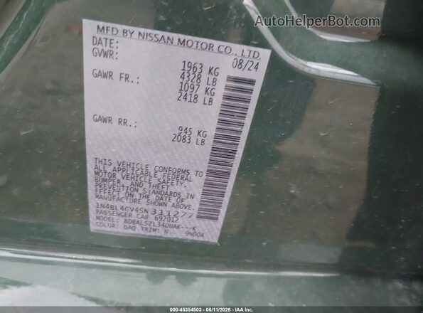 1N4BL4CV4SN311277 2025 NISSAN ALTIMA Green ძრავის განყოფილების ხედი