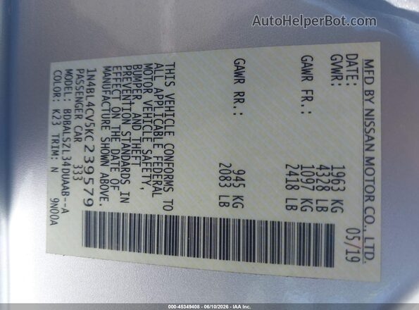 1N4BL4CV5KC239579 2019 NISSAN ALTIMA Silver 