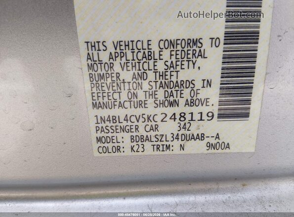 1N4BL4CV5KC248119 2019 NISSAN ALTIMA Silver ძრავის განყოფილების ხედი