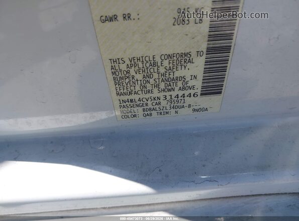 1N4BL4CV5KN314446 2019 NISSAN ALTIMA White Widok komory silnika