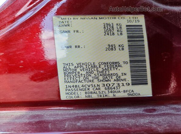 1N4BL4CV5LN307319 2020 NISSAN ALTIMA Maroon ძრავის განყოფილების ხედი