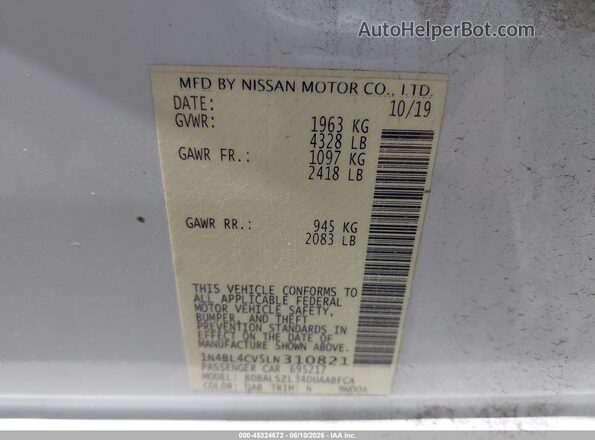 1N4BL4CV5LN310821 2020 NISSAN ALTIMA Белый Вид подкапотного пространства