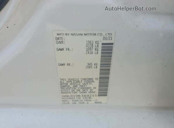 1N4BL4CV5MN369255 2021 NISSAN ALTIMA White 