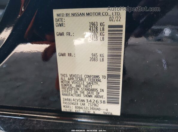 1N4BL4CV5NN342638 2022 NISSAN ALTIMA Черный Вид подкапотного пространства