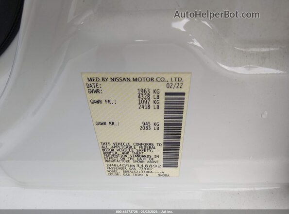 1N4BL4CV5NN348892 2022 NISSAN ALTIMA White Вид підкапотного простору