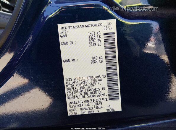 1N4BL4CV5NN360251 2022 NISSAN ALTIMA Blue Widok komory silnika
