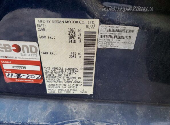 1N4BL4CV5PN327902 2023 NISSAN ALTIMA Blue Widok naklejki z numerem VIN