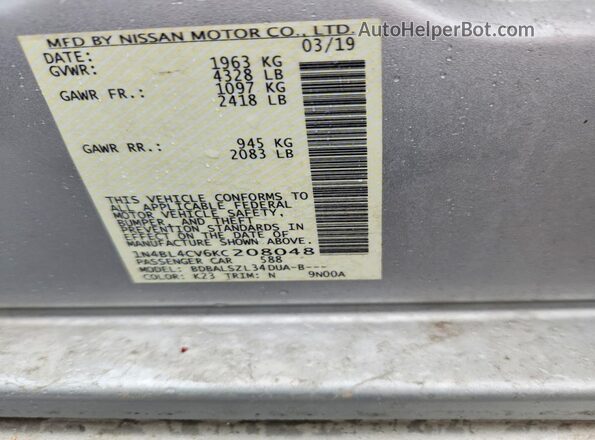 1N4BL4CV6KC208048 2019 NISSAN ALTIMA Gray VIN կոդի պիտակի տեսք