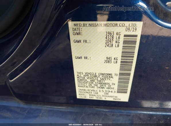 1N4BL4CV6LC153943 2020 NISSAN ALTIMA Blue Շարժիչի բաժամունքի տեսք