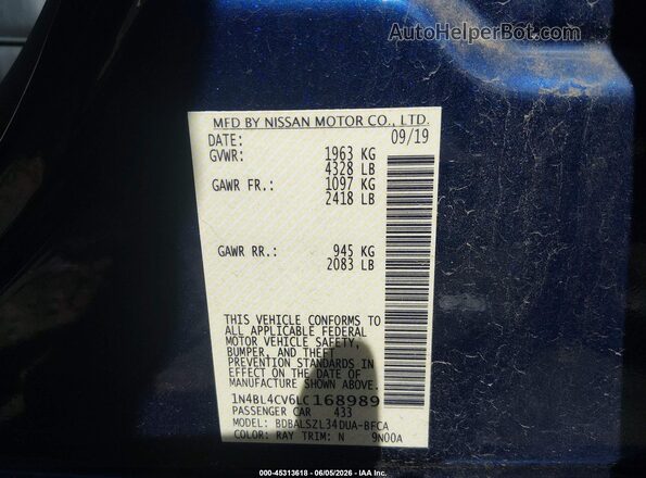 1N4BL4CV6LC168989 2020 NISSAN ALTIMA Blue Widok komory silnika
