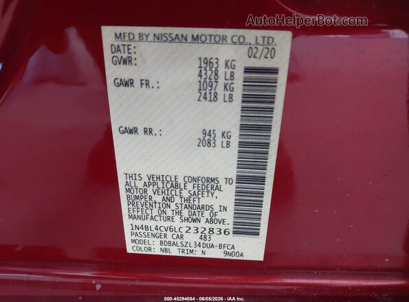 1N4BL4CV6LC232836 2020 NISSAN ALTIMA Burgundy Engine compartment view