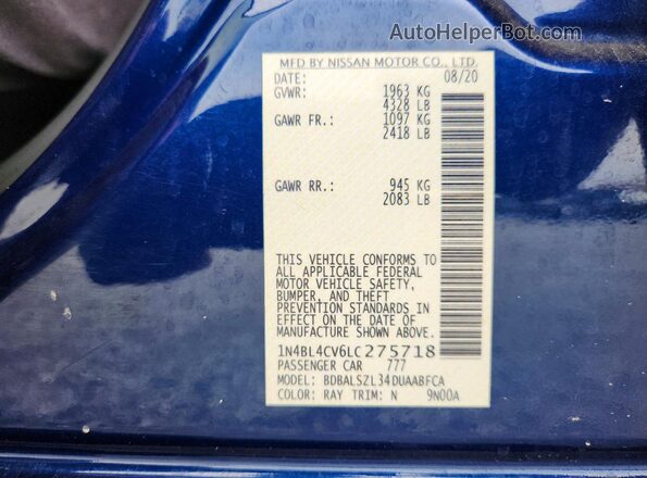 1N4BL4CV6LC275718 2020 NISSAN ALTIMA Blue Vista del compartimento del motor