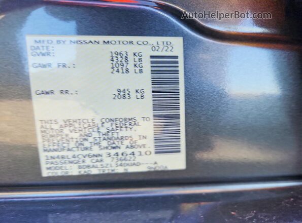 1N4BL4CV6NN346410 2022 NISSAN ALTIMA Серый Вид подкапотного пространства