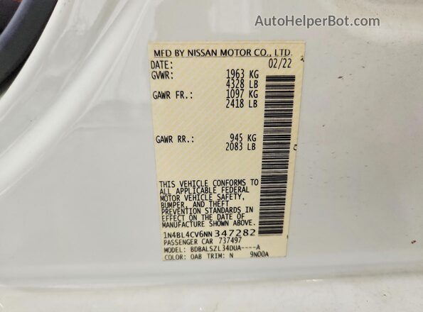 1N4BL4CV6NN347282 2022 NISSAN ALTIMA White 