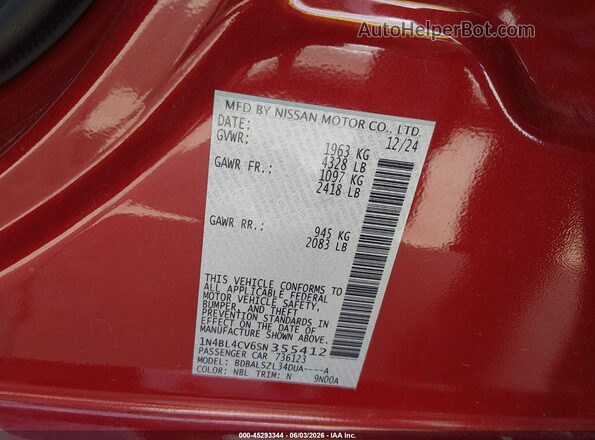1N4BL4CV6SN355412 2025 NISSAN ALTIMA Red Engine compartment view
