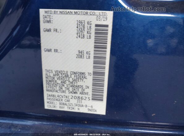 1N4BL4CV7KC208625 2019 NISSAN ALTIMA Blue ძრავის განყოფილების ხედი