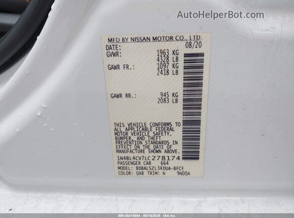 1N4BL4CV7LC278174 2020 NISSAN ALTIMA White Շարժիչի բաժամունքի տեսք