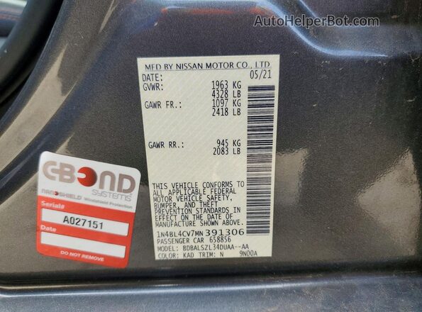 1N4BL4CV7MN391306 2021 NISSAN ALTIMA Gray ძრავის განყოფილების ხედი