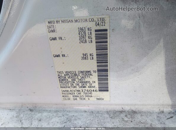 1N4BL4CV7NN376046 2022 NISSAN ALTIMA White Widok komory silnika