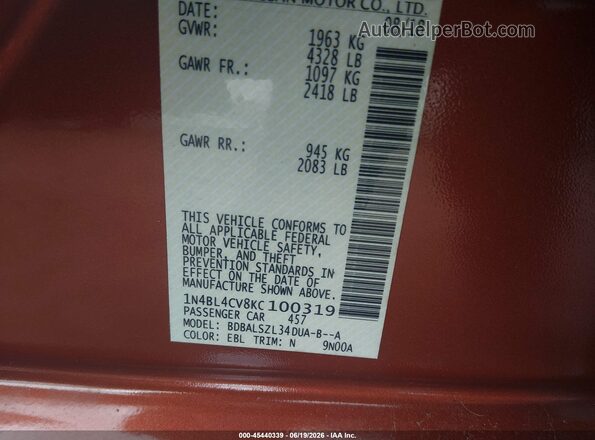 1N4BL4CV8KC100319 2019 NISSAN ALTIMA Orange Вид підкапотного простору
