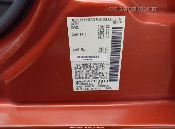 1N4BL4CV8LC114013 2020 NISSAN ALTIMA Orange Widok komory silnika