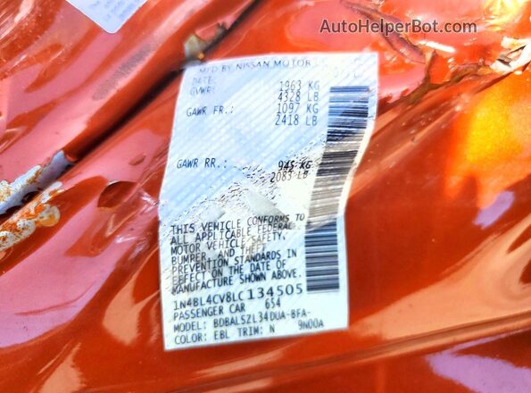 1N4BL4CV8LC134505 2020 NISSAN ALTIMA Orange VIN კოდის სტიკერის ხედი