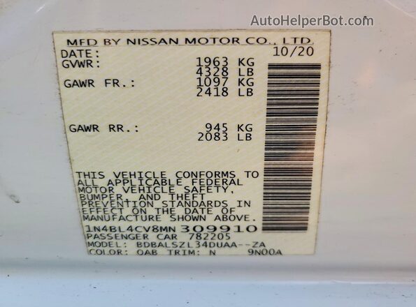 1N4BL4CV8MN309910 2021 NISSAN ALTIMA White Շարժիչի բաժամունքի տեսք
