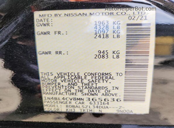 1N4BL4CV8MN365636 2021 NISSAN ALTIMA Black Շարժիչի բաժամունքի տեսք