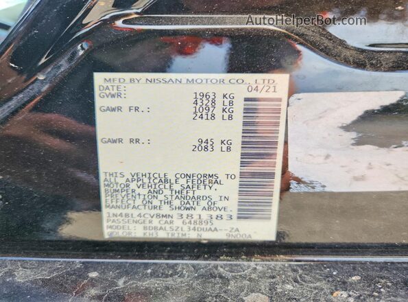 1N4BL4CV8MN381383 2021 NISSAN ALTIMA Black VIN կոդի պիտակի տեսք
