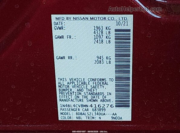 1N4BL4CV8MN416276 2021 NISSAN ALTIMA Red Շարժիչի բաժամունքի տեսք