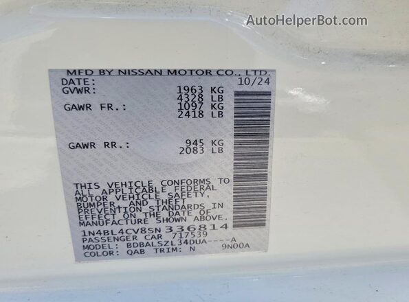 1N4BL4CV8SN336814 2025 NISSAN ALTIMA Белый Вид наклейки с VIN-кодом
