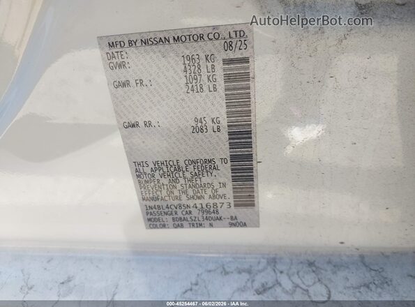 1N4BL4CV8SN416873 2025 NISSAN ALTIMA White Vista del compartimento del motor