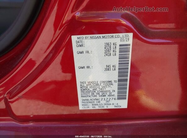 1N4BL4CV9KC217276 2019 NISSAN ALTIMA Red Շարժիչի բաժամունքի տեսք